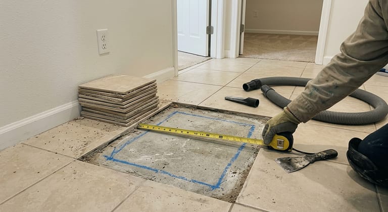 Square of ceramic tile lifted and stacked by a baseboard, chalk rectangle marked on the exposed concrete slab, a gloved hand measuring it with a tape measure.