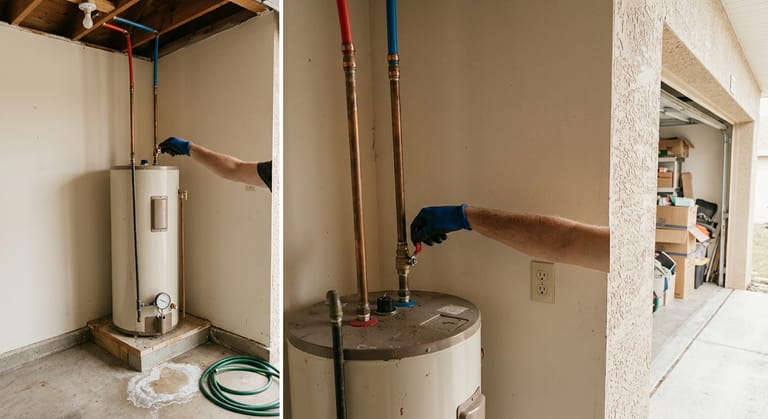 Gloved hand turning the brass ball valve on the cold inlet above a gas water heater standing on a platform in a garage, copper and PEX lines overhead, a pressure gauge on the drain valve.