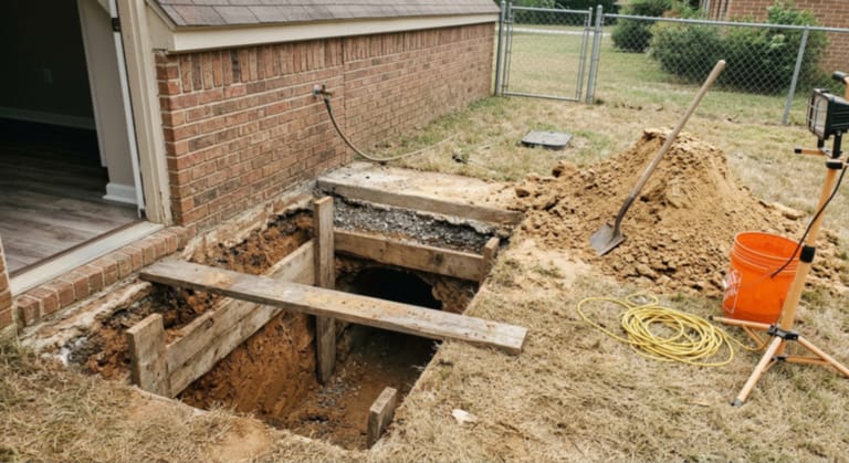 Pit dug against the brick wall of a house exposing the slab edge, with a shored tunnel opening running under the foundation, spoil piled on the grass and a work light aimed inside.