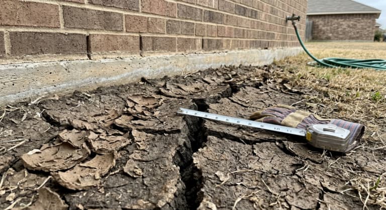 Bare dark clay soil along the brick edge of a slab foundation, split into wide dry-weather shrinkage cracks, with a tape measure laid across the widest one.