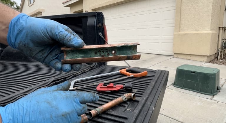 Gloved hands holding a short length of copper tube split lengthwise, its inner wall showing green staining, small pits and one open pinhole, with a hacksaw and cutter on a truck tailgate behind.