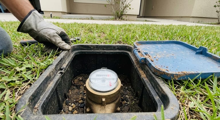 An open water meter box in a lawn with the lid set aside, showing the meter register and its small low-flow indicator dial, a gloved hand at the rim.