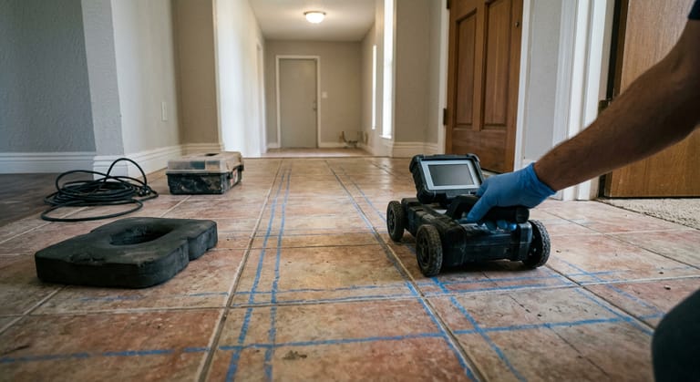 A small ground-penetrating radar scanner on a tile hallway floor beside chalk grid lines marking where post-tension strands run, with no cutting under way.