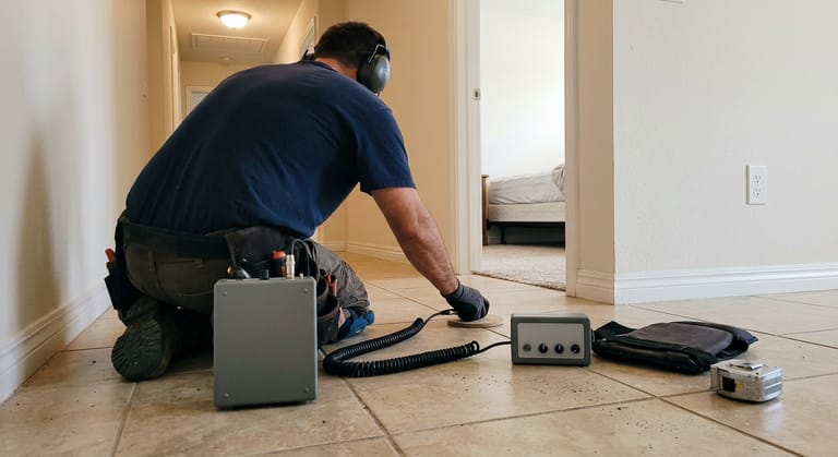 Plumber kneeling on hallway tile, pressing a round acoustic listening disc to a grout seam while wearing headphones connected to a small amplifier on the floor.