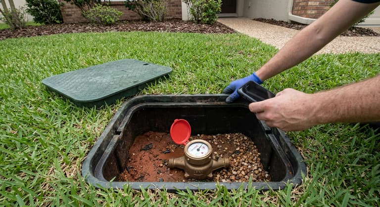 Gloved hand holding open the lid of a front yard water meter box while a phone is held over the register to photograph the low flow indicator dial.