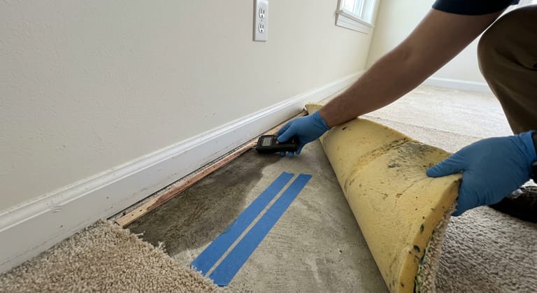 Pin moisture meter pressed into carpet at the tack strip beside a baseboard, with a peeled back carpet corner showing damp grey concrete and tape marking the damp edge.