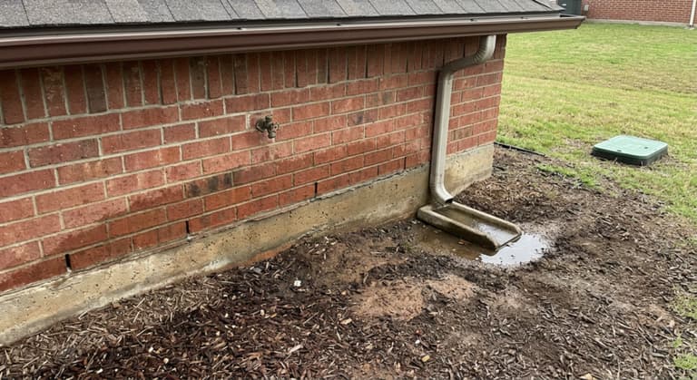 Bottom of a red brick house wall after rain, with a dark damp band where the brick meets the concrete slab edge and a downspout splash block in soaked mulch.