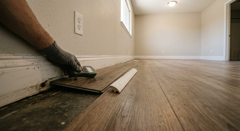 Vinyl plank floor dark and lifting at the baseboard of an exterior wall, with quarter round pried off to show damp concrete and a pin moisture meter set on the plank.