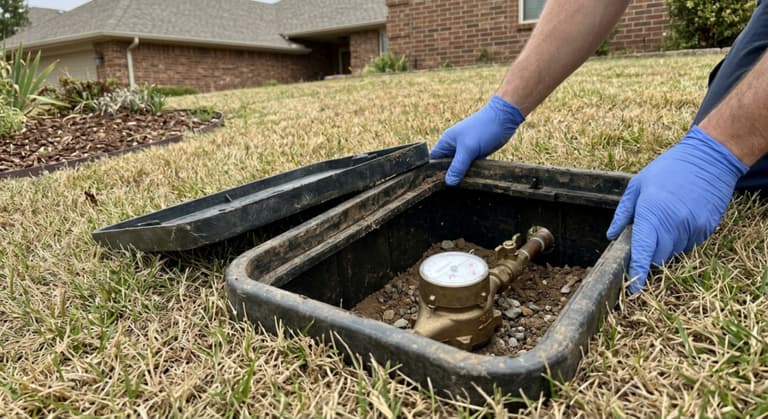 Gloved hands holding open a front-yard water meter box, showing the meter register with its sweep hand and small triangular low-flow indicator down in the pit.