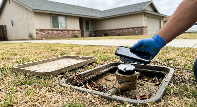 Open water meter box in a front lawn with the lid set aside, a gloved hand holding a phone above the register to photograph the dial and its small low-flow indicator.