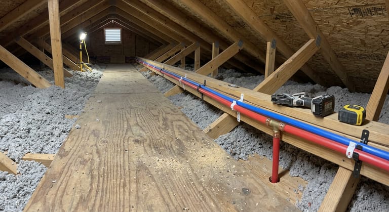 New red and blue PEX lines with copper crimp rings running along attic trusses above blown-in insulation, with one stub dropping through a top plate.