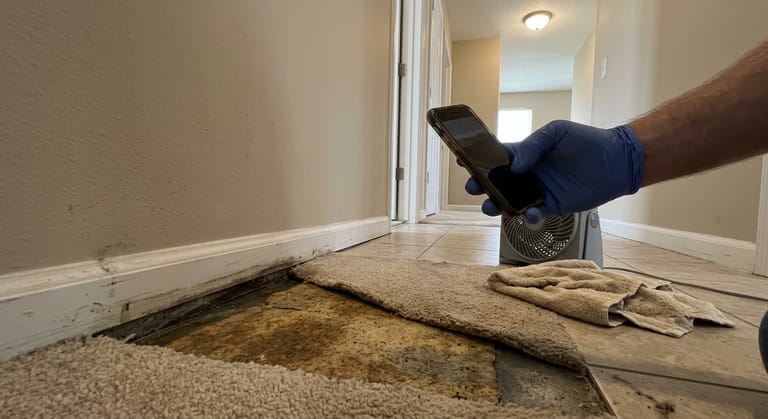 A phone held close to a damp baseboard and dark carpet edge in a hallway, photographing the wet line where the wall meets the floor, with a folded towel and a small fan set beside it.