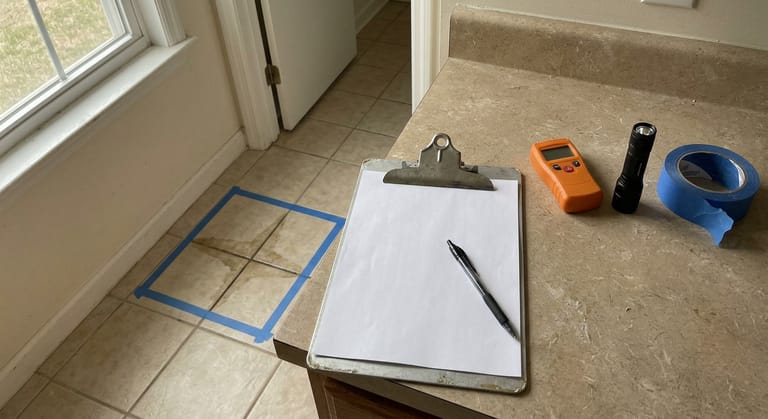 A clipboard resting on a kitchen counter beside a marked square of floor tile, with a pen laid across a blank work order and a moisture meter and flashlight next to it.