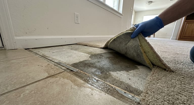 Carpet corner pulled back from the tack strip at a wall, showing a dark wet patch on the concrete slab beneath, beside tile where one grout seam is darker than the others.