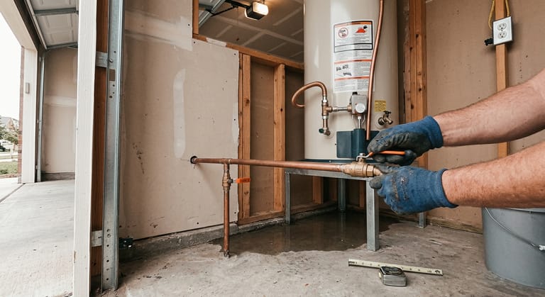 Gloved hands turning a brass quarter turn ball valve on a copper water line entering a garage wall, with a water heater on a stand and a thin sheen of water on the concrete floor.