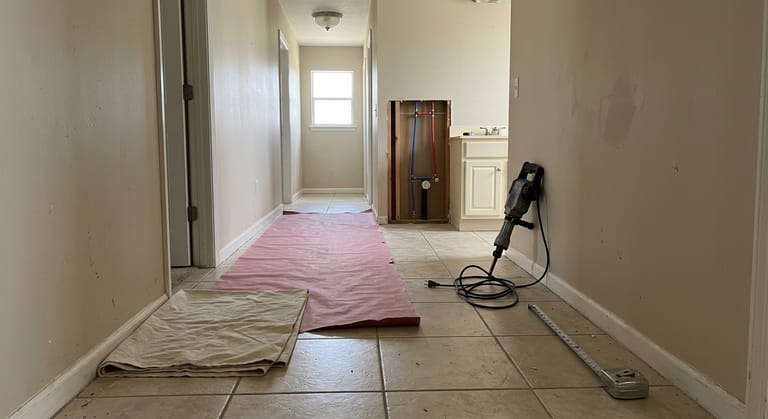 An unbroken ceramic tile hallway with protective paper laid down, and at the far end an opened drywall cavity where new red and blue PEX drops to a stub-out, an unplugged chipping hammer leaning beside it.