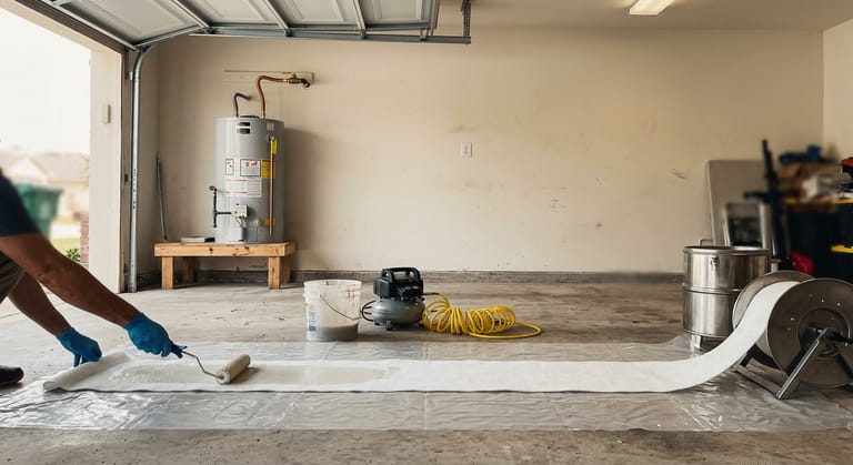 Gloved hands rolling resin into a white felt pipe liner laid on plastic sheeting on a garage floor, with a mixing bucket, air compressor and inversion drum nearby and a water heater against the wall behind.