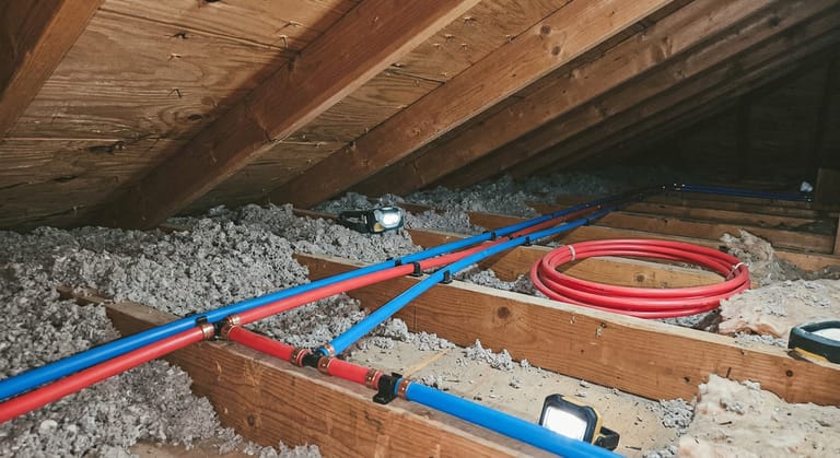 New red and blue PEX lines with crimp rings running over wooden ceiling joists above blown-in insulation in an attic.