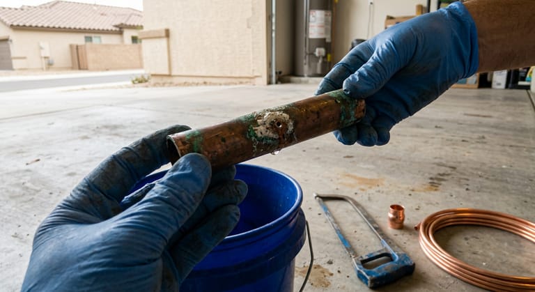 Gloved hands holding a cut length of old copper tube with green corrosion and a pinhole ringed by white mineral crust, over a bucket on a garage floor.