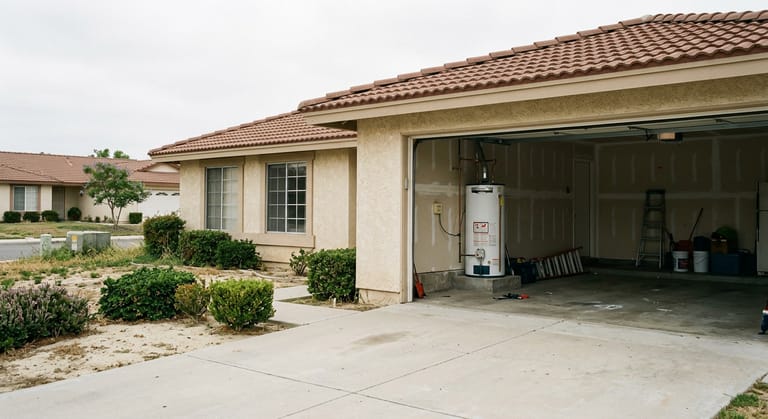 A single-story 1970s stucco tract house with a barrel tile roof, garage door up, a water heater standing on a raised platform inside the garage.