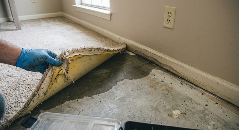 Carpet and pad folded back from the tack strip at a baseboard, showing a dark damp patch on the bare concrete slab underneath.