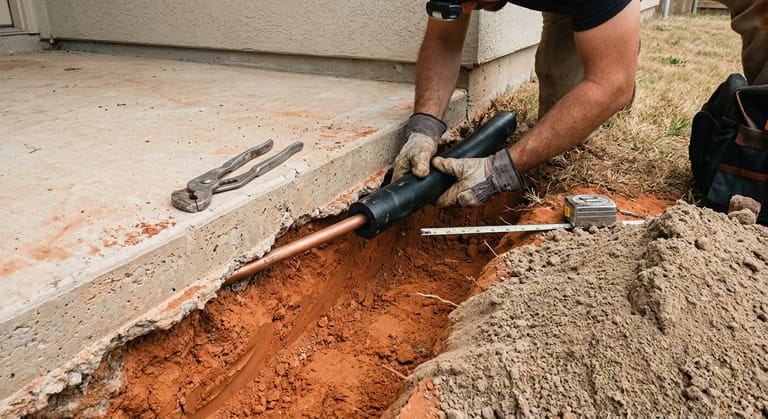 Gloved hands sliding a loose plastic sleeve along a copper water line where it enters under a concrete slab, with red clay trench walls and clean fill beside it.