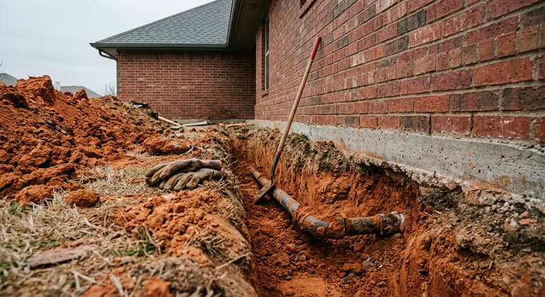 A trench dug alongside a red brick house on a concrete slab, red clay spoil piled on the grass and a corroded buried water line exposed in the bottom.