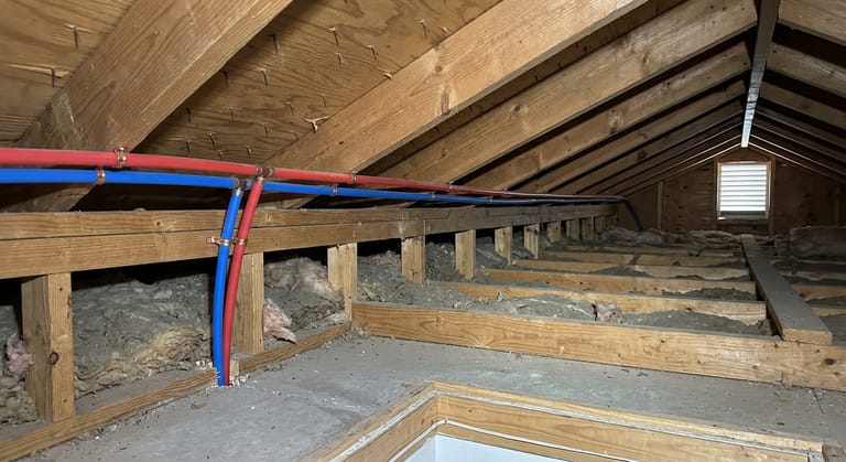 Red and blue PEX lines with crimp rings stapled along attic joists above blown insulation, turning down into a wall cavity.