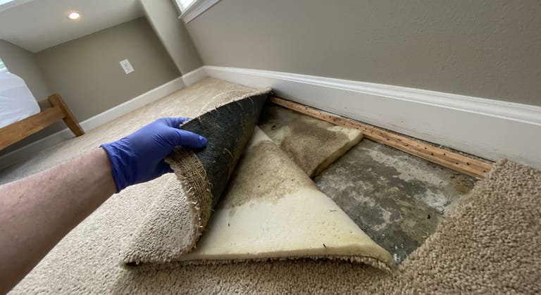 Carpet folded off the tack strip in a bedroom corner, showing a darkened pad and damp grey slab underneath.