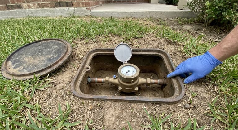 An opened water meter box in a front lawn, lid set on the grass, the brass meter and its small triangular low-flow indicator visible from above.
