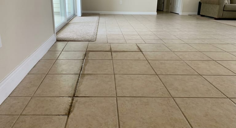 A dry ceramic tile floor with one grout joint noticeably darker than the joints around it, running out from a baseboard.