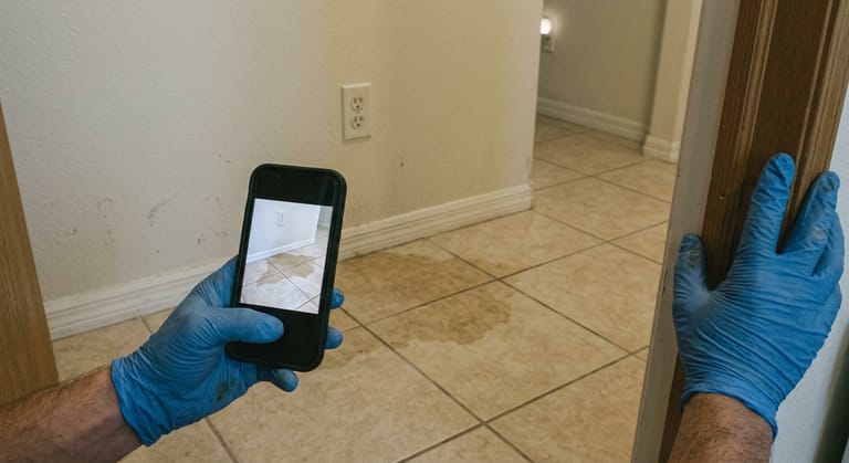 A gloved hand holding a phone to photograph a damp patch of ceramic tile beside a hallway baseboard.