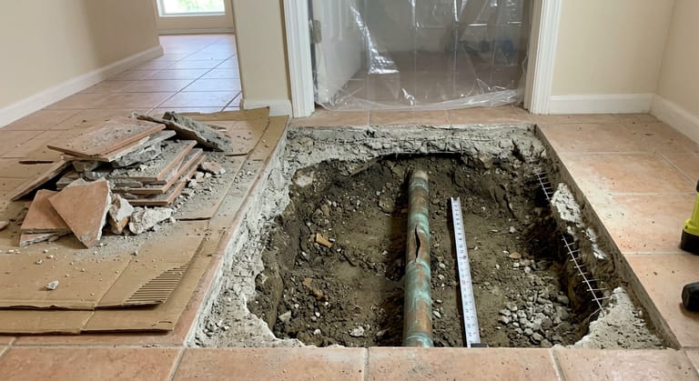 An opened rectangle in a tile floor and slab with rubble stacked to one side, a split copper water line exposed in damp fill and a tape measure laid beside it.