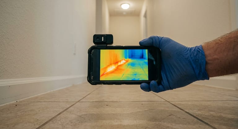 A phone with a clip-on thermal attachment held over a bare tile floor, its screen showing a warm colored band running out from the wall.