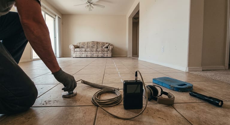 Gloved hand holding a round acoustic listening disc against a tile floor, cable running to a small amplifier with headphones, chalk marks tracing a line across the tiles.