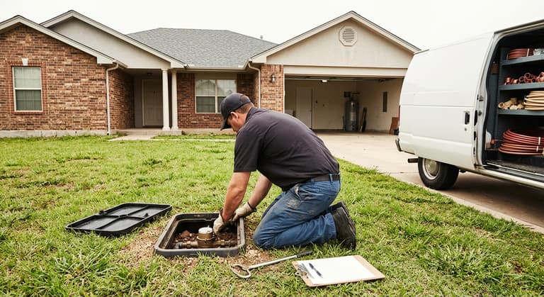 Plumber seen from behind kneeling at an open water meter box in the front lawn of a single story brick house, meter lid on the grass and an unmarked work van at the curb.