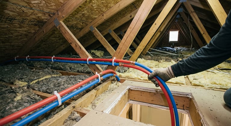 New red and blue PEX tubing with crimp rings running along attic trusses over blown-in insulation and turning down into an opened drywall cavity, steadied by a gloved hand.