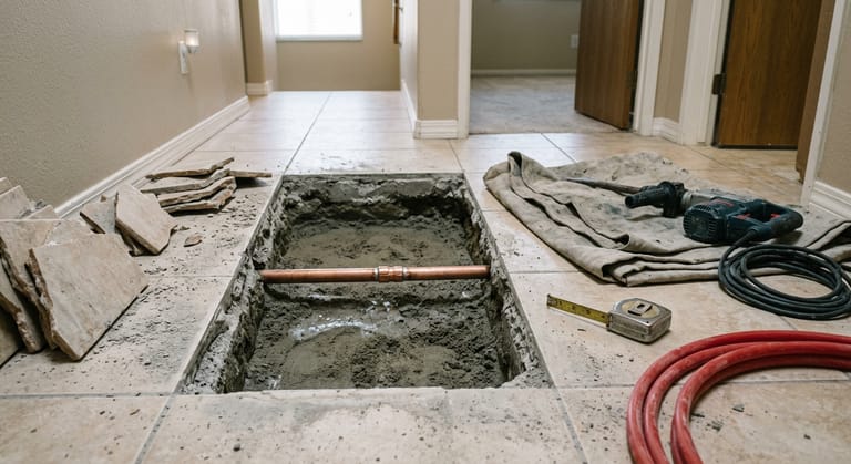 A rectangular opening broken through a tiled concrete slab floor in a hallway, exposing a copper water line in damp sand, with lifted tile pieces stacked at the edge and a chipping hammer set aside.