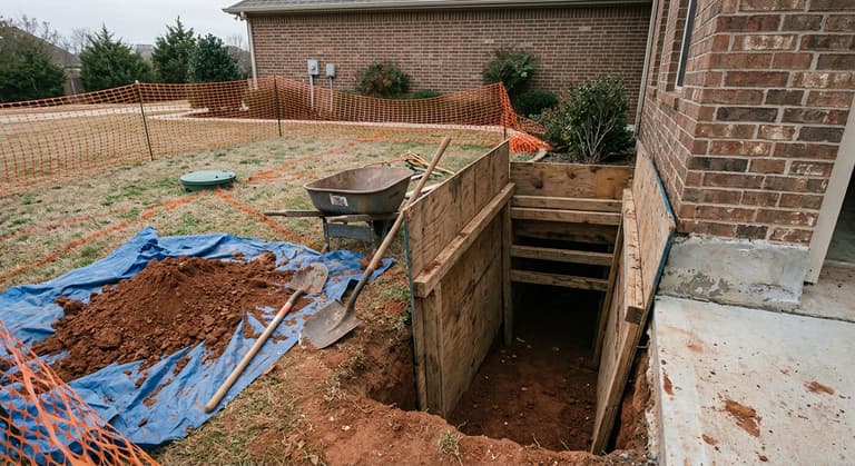 A shored access tunnel opening dug at the outside edge of a brick house foundation, with excavated clay heaped on a tarp, utility locate paint on the lawn and safety fencing along the trench.