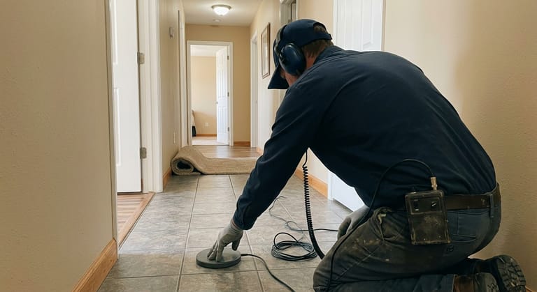 Plumber seen from behind kneeling on a tile hallway floor, pressing a round acoustic ground microphone against the tile while wearing headphones connected to a belt-mounted amplifier.