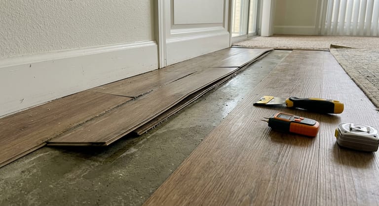 Vinyl plank flooring lifted and separated along the seams in one narrow stripe with flat planks nearby, one plank pried up to show damp concrete, a moisture meter and scraper on the floor.