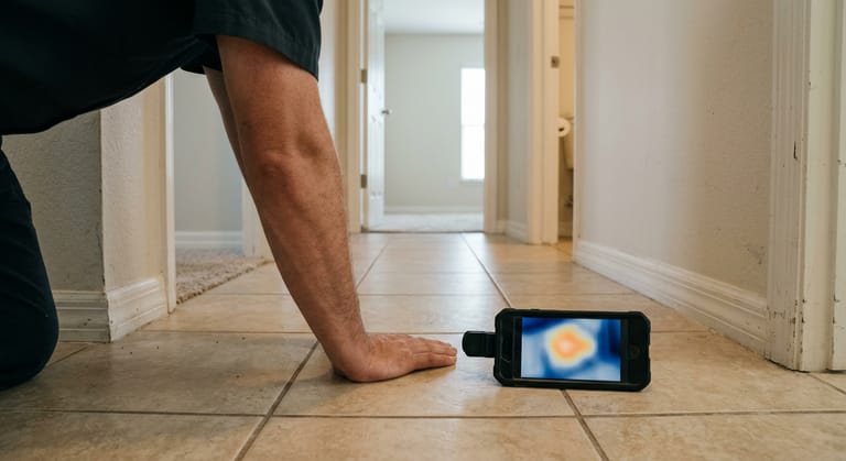 Bare palm and forearm pressed flat on beige floor tile in a hallway, with a phone-mounted thermal camera lying beside it showing a warm blob against a cooler background.