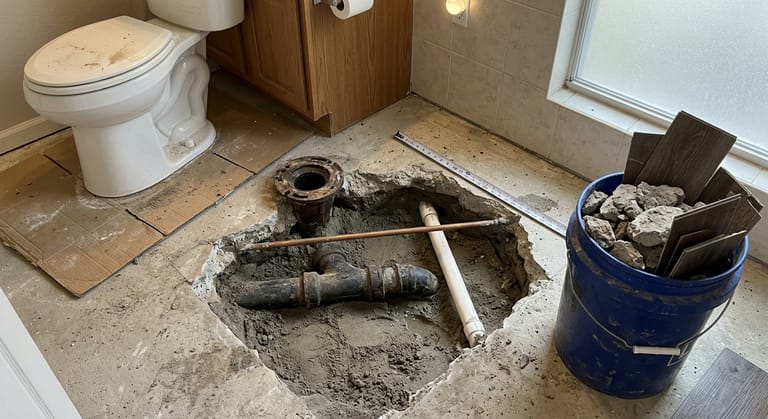 A bathroom slab broken open beside a closet flange with the toilet removed, exposing a cast iron drain hub and a copper water line in damp sand, with concrete rubble and cut vinyl plank in a bucket.