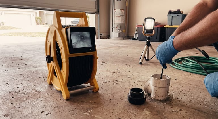 Gloved hands feeding a push-cable sewer camera into an opened PVC cleanout on a garage floor, the reel's monitor showing a dim view of the inside of a pipe.